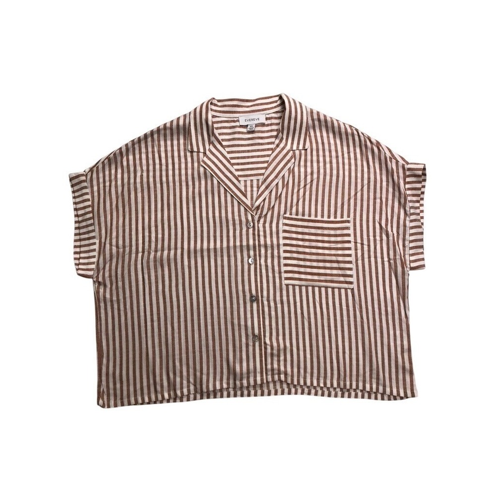Evereve Brown White Striped Button Down Notch Lapel Boxy Shirt XS TS1226A